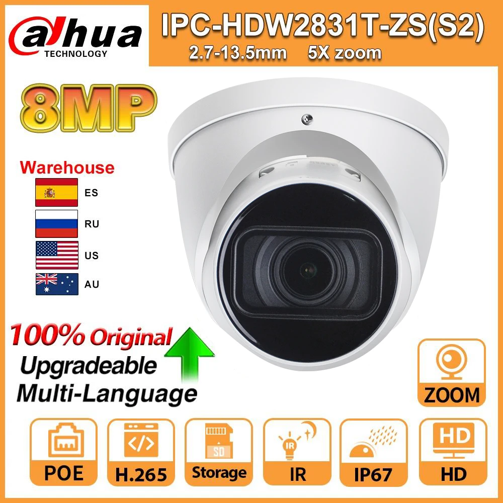 Оригинальная камера Dahua IPC HDW2831T ZS S2 IP с 5 кратным увеличением HD 8MP IP67 SD картой IR 40M H.265