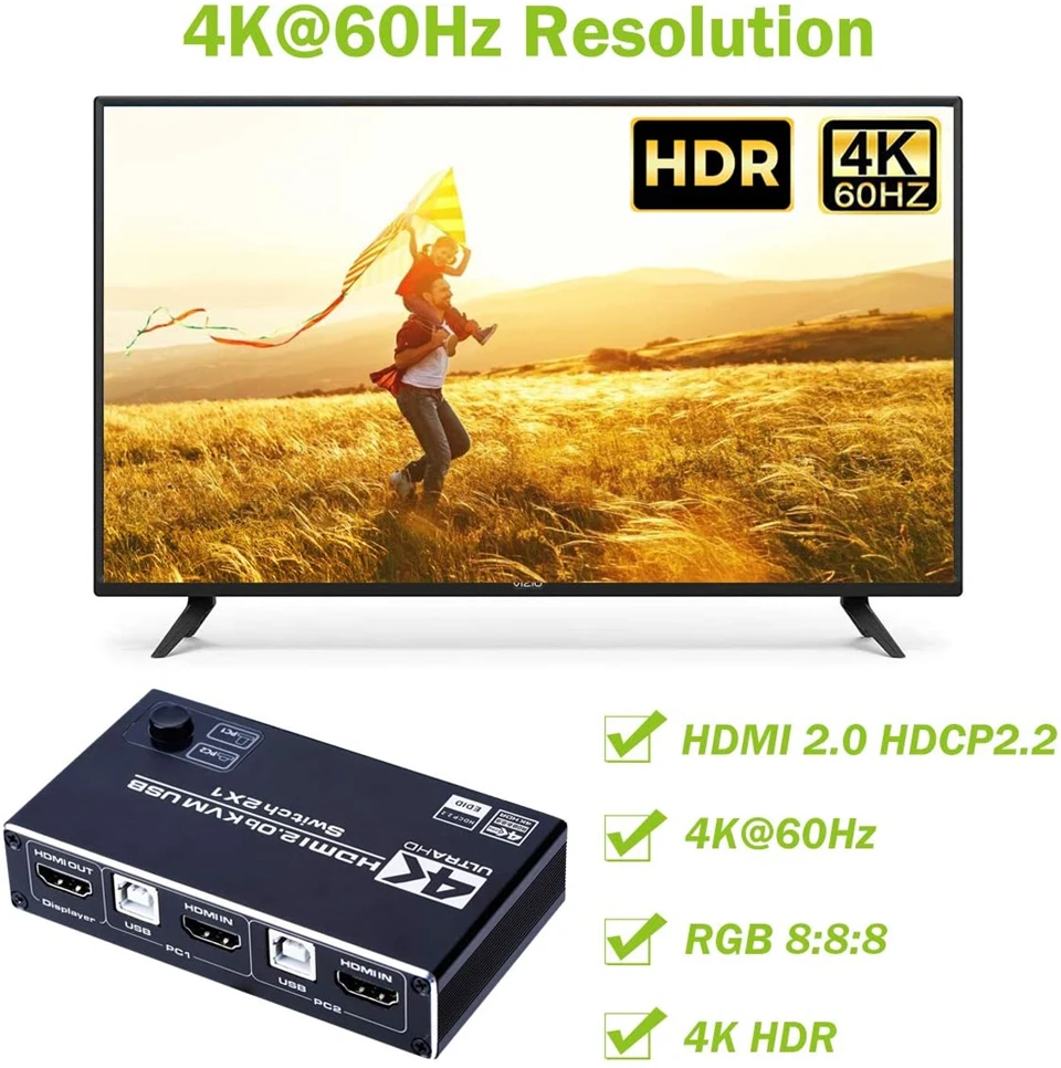 2022 4K 60Hz KVM Switch HDMI 2 Port USB PC Computer Keyboard Mouse Switcher Box for Laptop PS4 Xbox | Электроника
