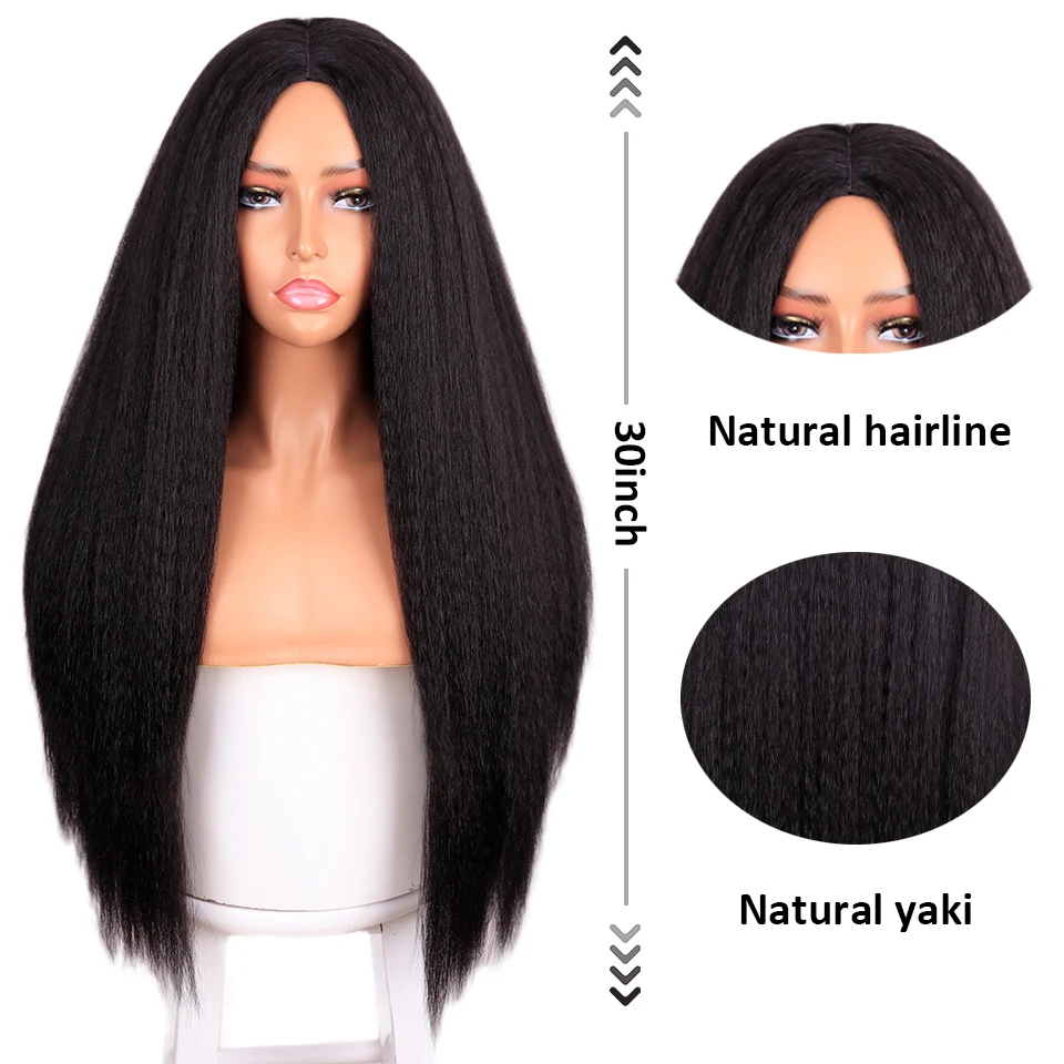 200 Density Glueless Yaki Natural Long Kinky Straight Wigs For Black Women Wig Hairline with Baby Hair Afro | Шиньоны и парики