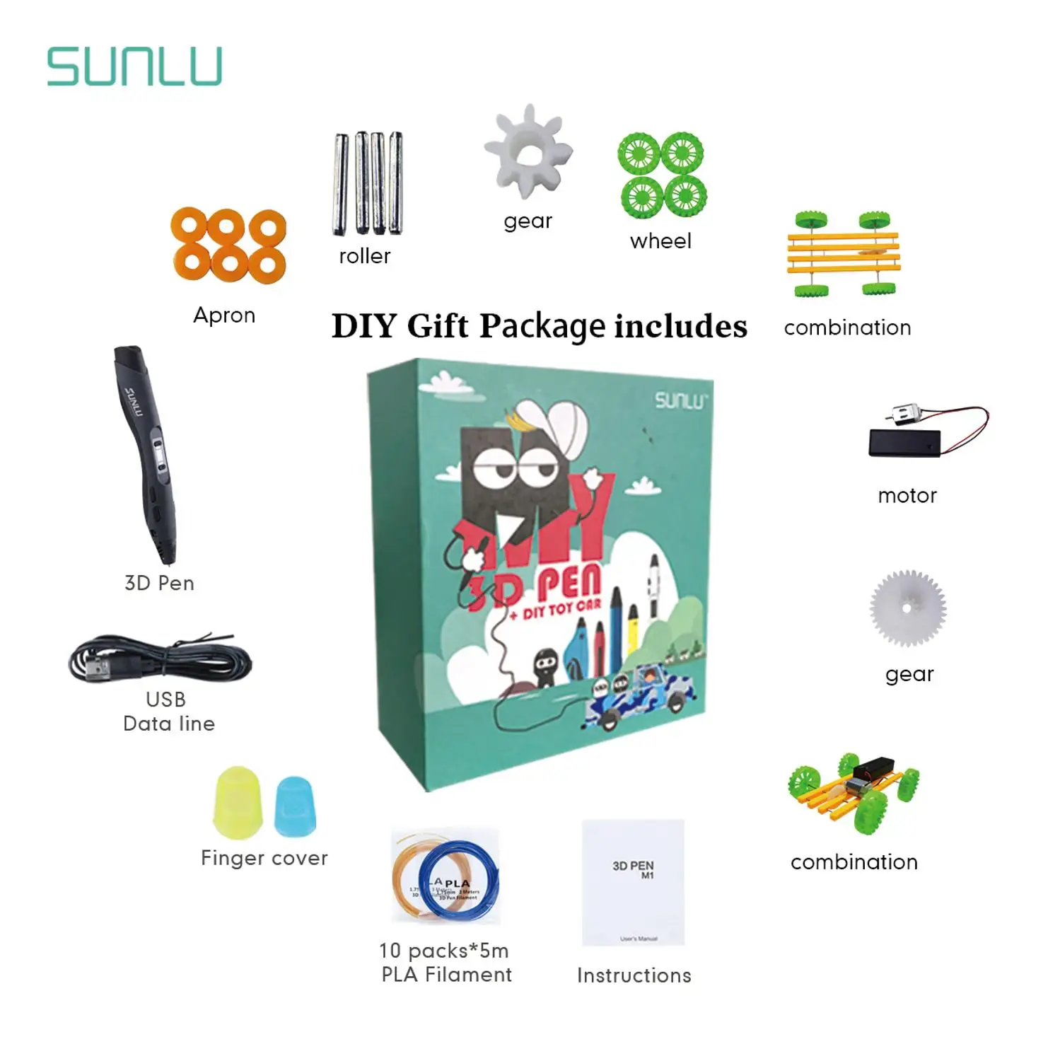SL-300 Scribble Pen DIY Toy Car Set Digital 3D Printing Pen with PLA Filament Scribble Pens with Box Creative Gift for Children
