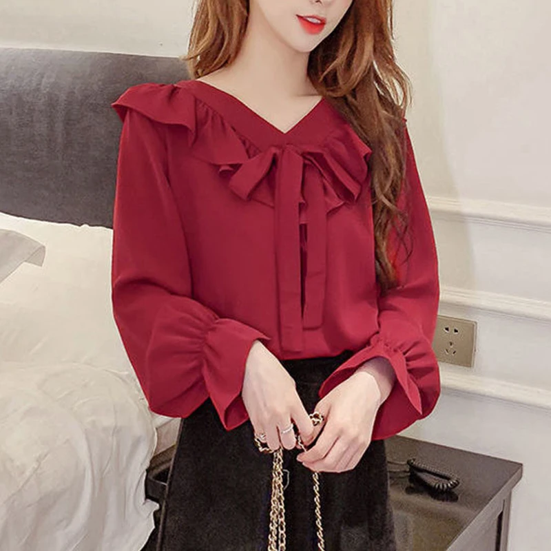 2021 Women's Spring Autumn Style Chiffon Blouses Shirt Lantern Sleeve V-Neck Ruffle Bow Elegant Loose Tops
2021 Women's Spring Autumn Style Chiffon Blouses Shirt Lantern Sleeve V-Neck Ruffle Bow Elegant Loose Tops