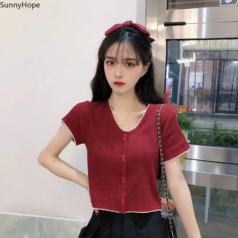 2021 summer new style small fresh slim slimming V-neck thin design short-sleeved sweater top women
2021 summer new style small fresh slim slimming V-neck thin design short-sleeved sweater top women