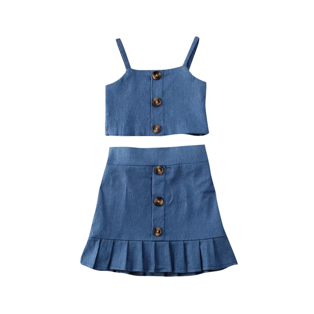 TELOTUNY New Toddler Baby Girls Suspender Pure Color Tank Tops Button Skirt Two Piece Suit Clothes Children Summer Set Outfits46 | Детская