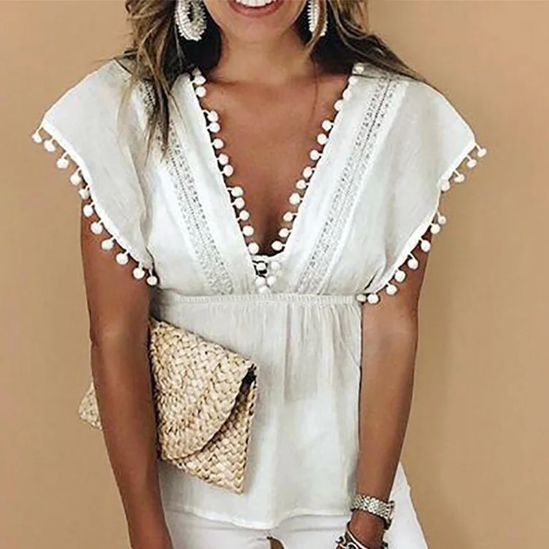 Women's Solid Deep V-neck Backless Blouses Short Sleeve Lace Patchwork Hollow Out Female Top 2021 Summer Ladies Elegant Blouse
Women's Solid Deep V-neck Backless Blouses Short Sleeve Lace Patchwork Hollow Out Female Top 2021 Summer Ladies Elegant Blouse