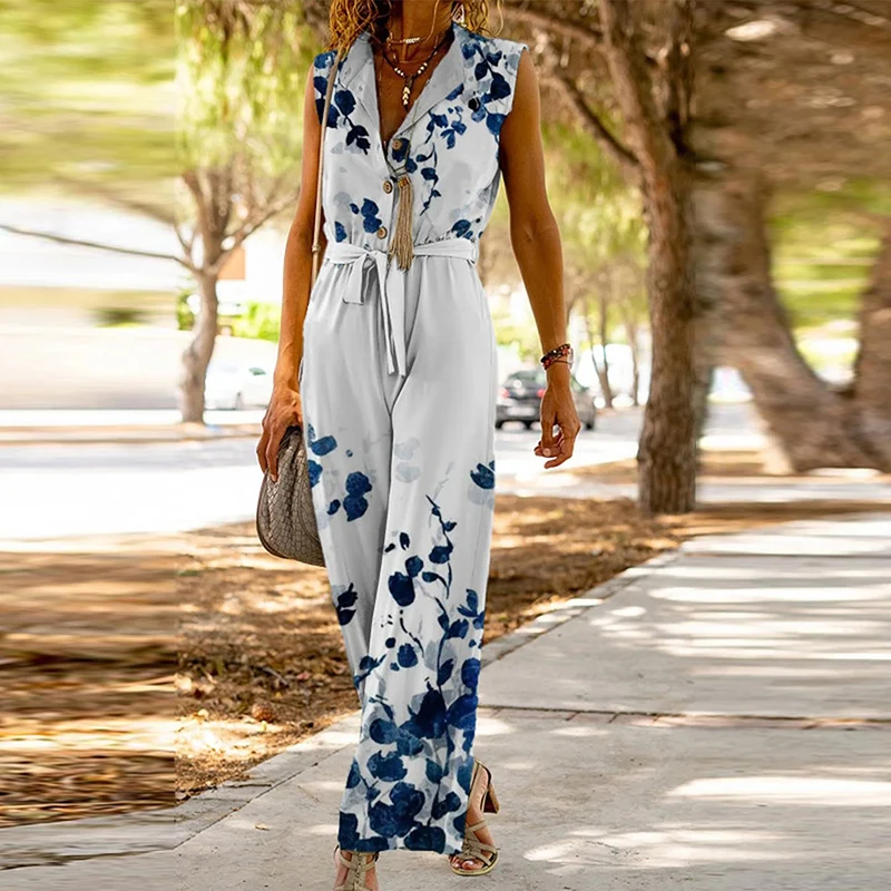 Fashion Sleeveless Lace-Up Button Shirt Jumpsuit Office Elegant Lapel Playsuit Overalls Women Floral Print Wide Leg Loose Romper
Fashion Sleeveless Lace-Up Button Shirt Jumpsuit Office Elegant Lapel Playsuit Overalls Women Floral Print Wide Leg Loose Romper