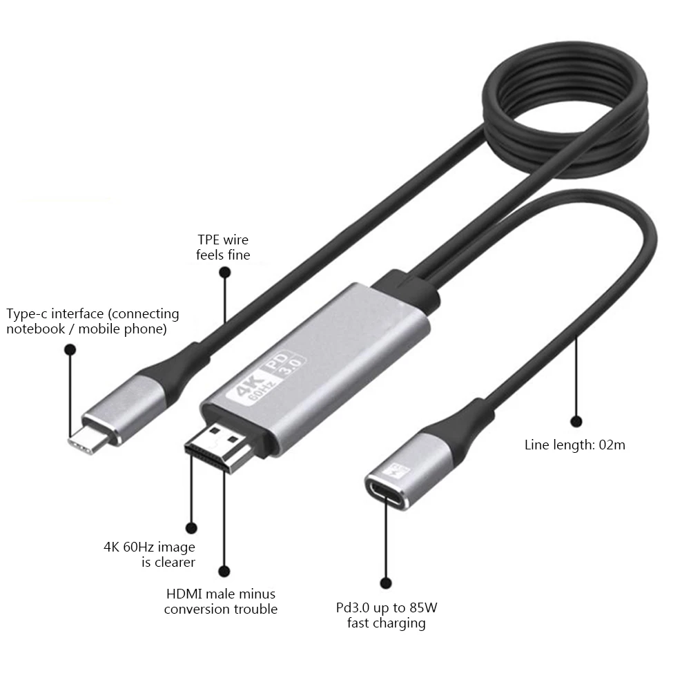 Type-c Male to HDMI-compatible 4K 60Hz Cable Adapter Power Cord for Laptop/TV/Projector
Type-c Male to HDMI-compatible 4K 60Hz Cable Adapter Power Cord for Laptop/TV/Projector