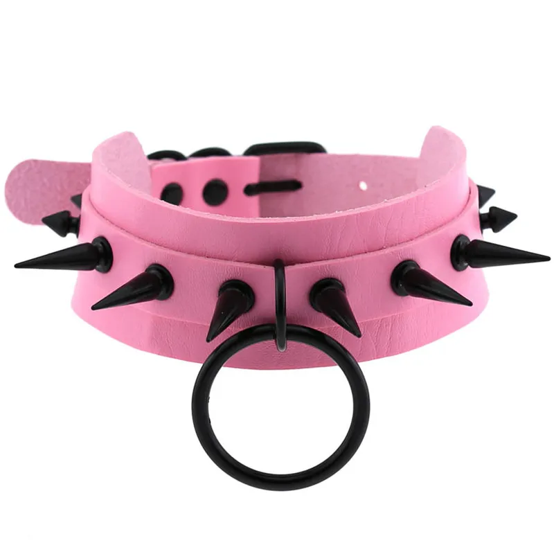 

2021 New Leather Pink Choker Black Spike Necklace For Women Metal Rivet Studded Collar Girls Party Club Chockers Gothic Jewelry