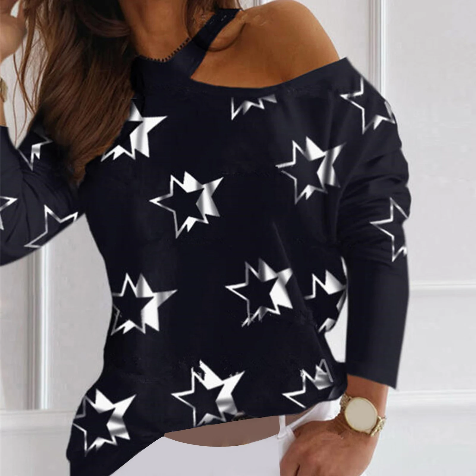 Sexy Women Blouse Polyester Long Sleeve Stars Print Hollow Out One Shoulder Halter Blouse shirt Women's Clothing ropa de mujer
Sexy Women Blouse Polyester Long Sleeve Stars Print Hollow Out One Shoulder Halter Blouse shirt Women's Clothing ropa de mujer