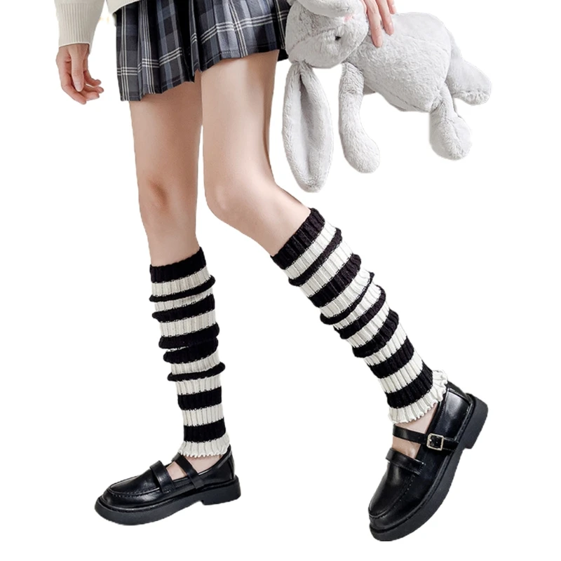 

Women Lolita Goth Punk Leg Warmers Protector Classic Black White Striped Boot Cover Ribbed Knit Ruffled Knee High Socks