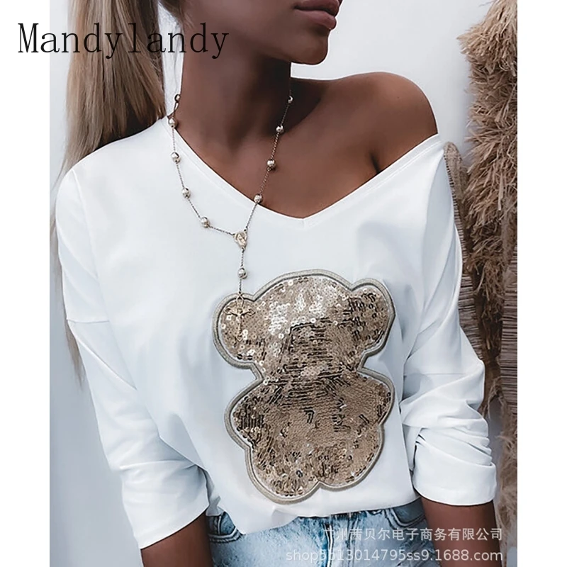 Mandylandy T-shirt Autumn Long Sleeve V-neck Off-Shoulder Pullover T-shirt Women's Casual Loose Sequins Stitching T-shirt
Mandylandy T-shirt Autumn Long Sleeve V-neck Off-Shoulder Pullover T-shirt Women's Casual Loose Sequins Stitching T-shirt