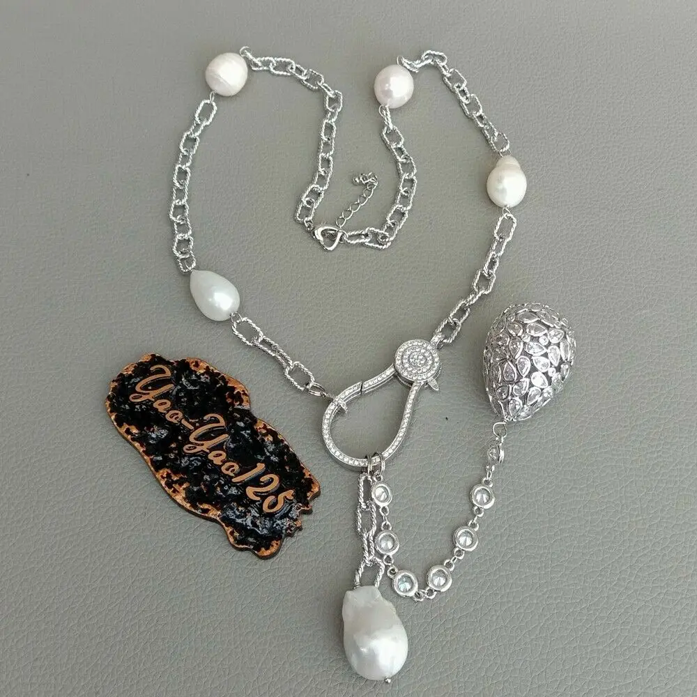 22 ''культивированный белый жемчуг в форме риса Cz ожерелье цепочкой Кеши