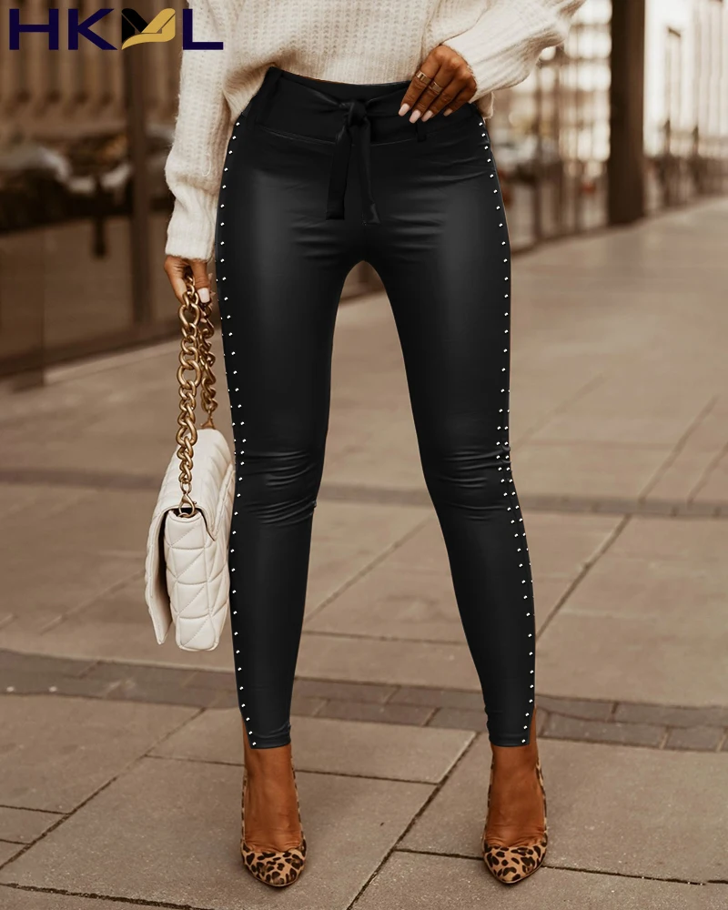 Pu Leather Trousers Bottoms Studded Tied Detail Skinny Long Pants Women Loungewear Sexy Female Ropa 2021 Autumn Winter
Pu Leather Trousers Bottoms Studded Tied Detail Skinny Long Pants Women Loungewear Sexy Female Ropa 2021 Autumn Winter