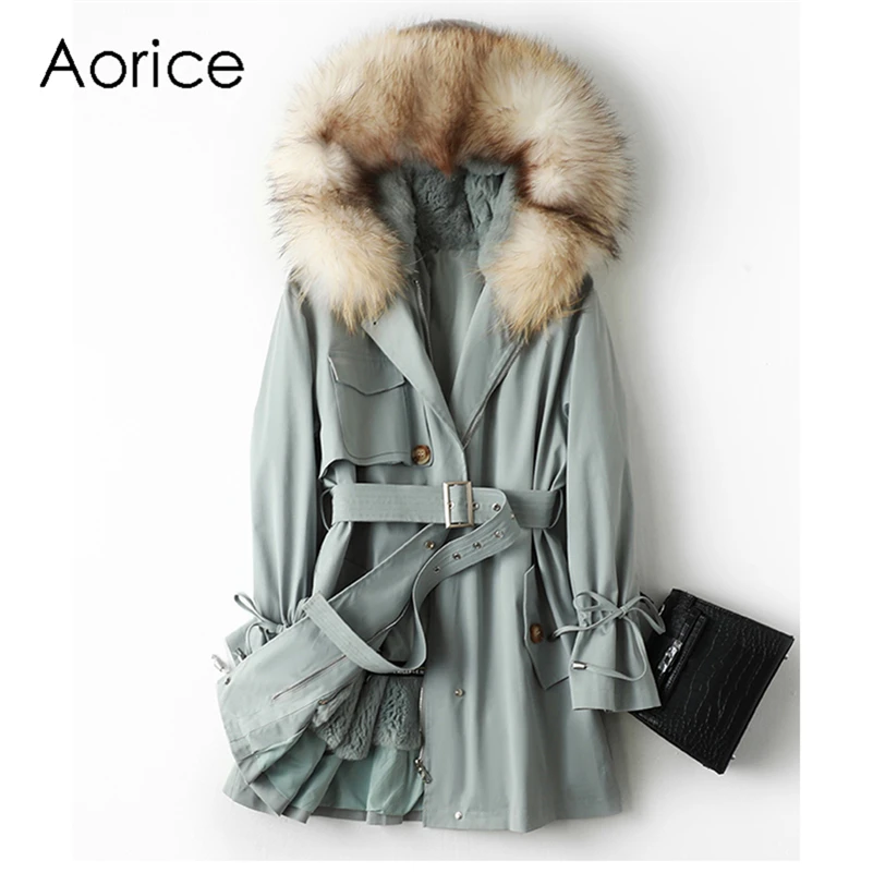 

Aorice Women Real Fox Fur Collar Coat Jacket Female Rex Rabbit Liner Long Parka Trench A41645