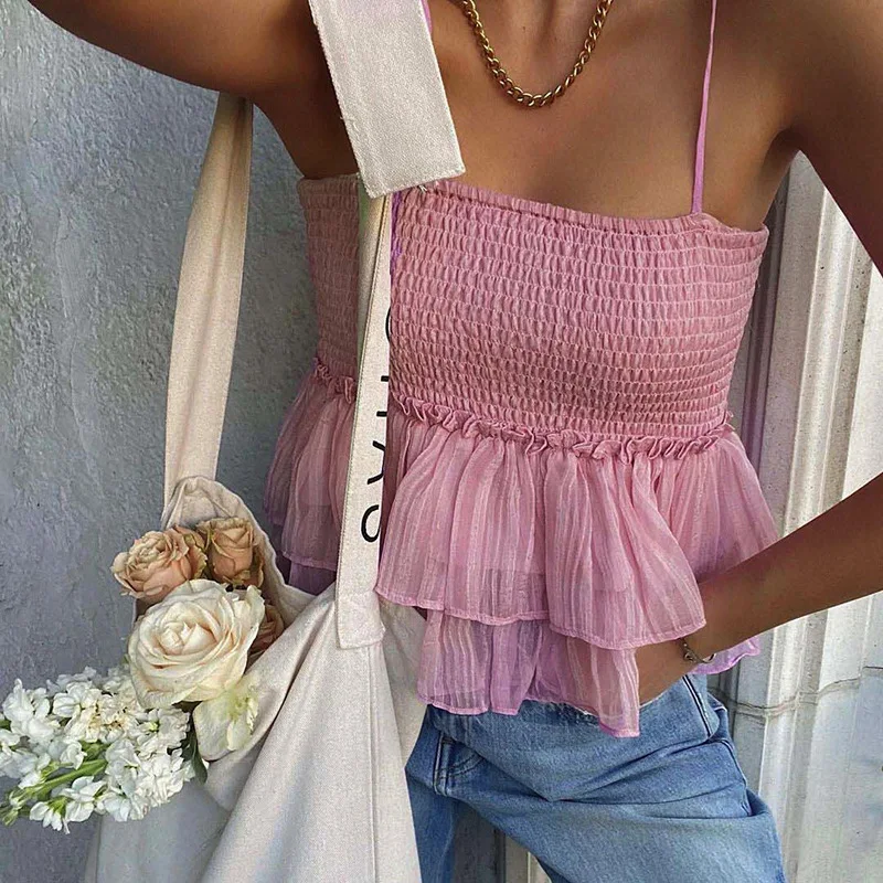 Women's Smocked Cami Tops, Sexy Sleeveless Spaghetti Strap Solid Color Ruffle Camisole
Women's Smocked Cami Tops, Sexy Sleeveless Spaghetti Strap Solid Color Ruffle Camisole
