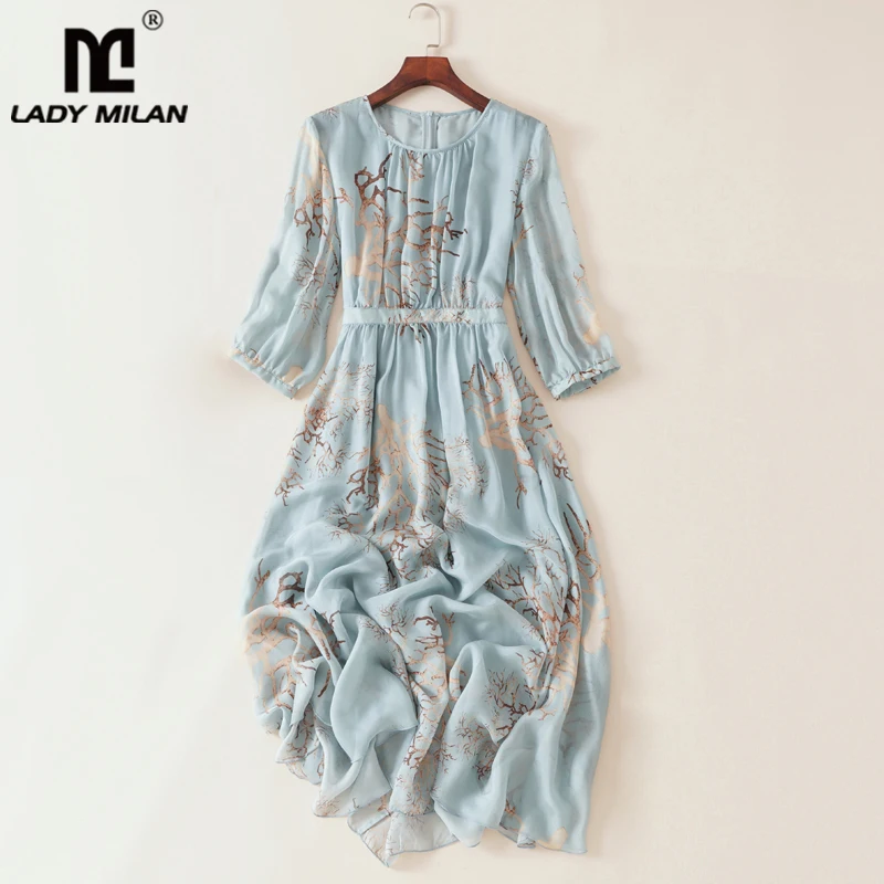 

Женское платье из 100% натурального шелка, с круглым вырезом, рукавами 3/4, принтом и потайной молнией сзади, модное Повседневное платье