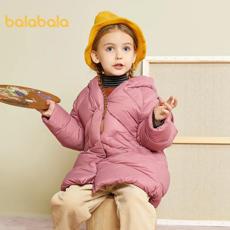 Фото Детский пуховик средней длины Balabala с капюшоном для девочек Осень зима 2020|Пальто и