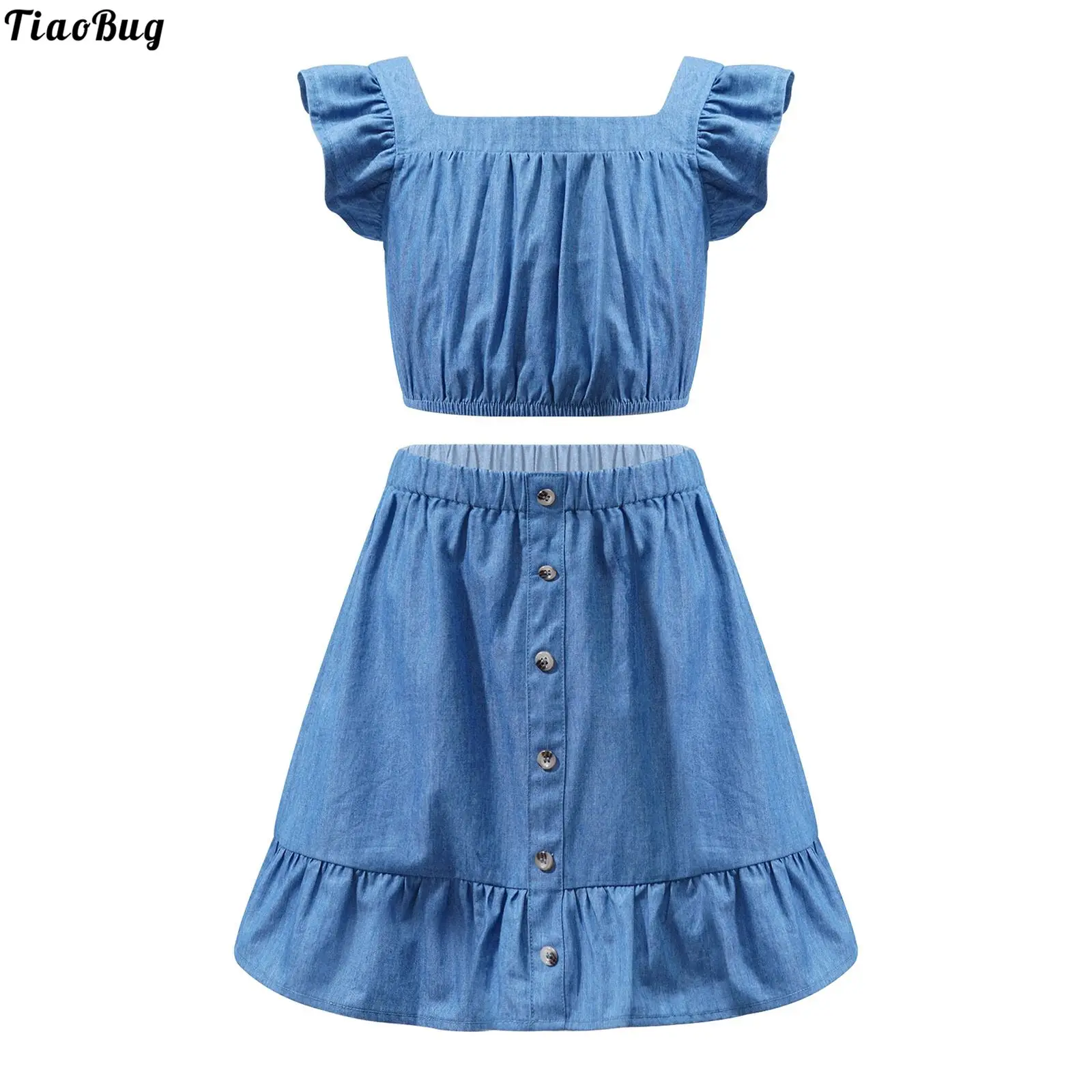 TiaoBug Summer Kids Girls Jeans Suit Denim Clothes Set Ruffle Sleeveless Square Neck Crop Top With Ruffle Hemline Button Skirt
TiaoBug Summer Kids Girls Jeans Suit Denim Clothes Set Ruffle Sleeveless Square Neck Crop Top With Ruffle Hemline Button Skirt