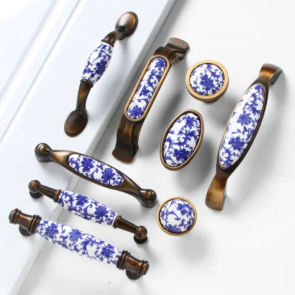 1 шт. модные креативные синие керамические бронзовые ручки для мебели выдвижные