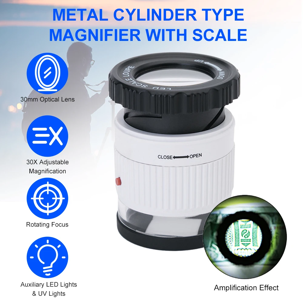 LED Scale Loupe 30X Adjustable Magnification Magnifier Metal Cylinder Mirror with Scale Small Reading Mirror Jewelry Magnifier
LED Scale Loupe 30X Adjustable Magnification Magnifier Metal Cylinder Mirror with Scale Small Reading Mirror Jewelry Magnifier