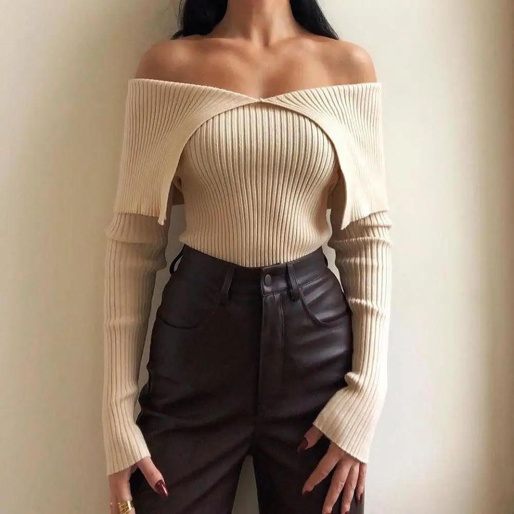 2021 Spring Tops With Exposed Shoulders Fitted Knitted Sweater Women Vintage V Neck Long Sleeve Female Pullovers Slim Chic Tops
2021 Spring Tops With Exposed Shoulders Fitted Knitted Sweater Women Vintage V Neck Long Sleeve Female Pullovers Slim Chic Tops