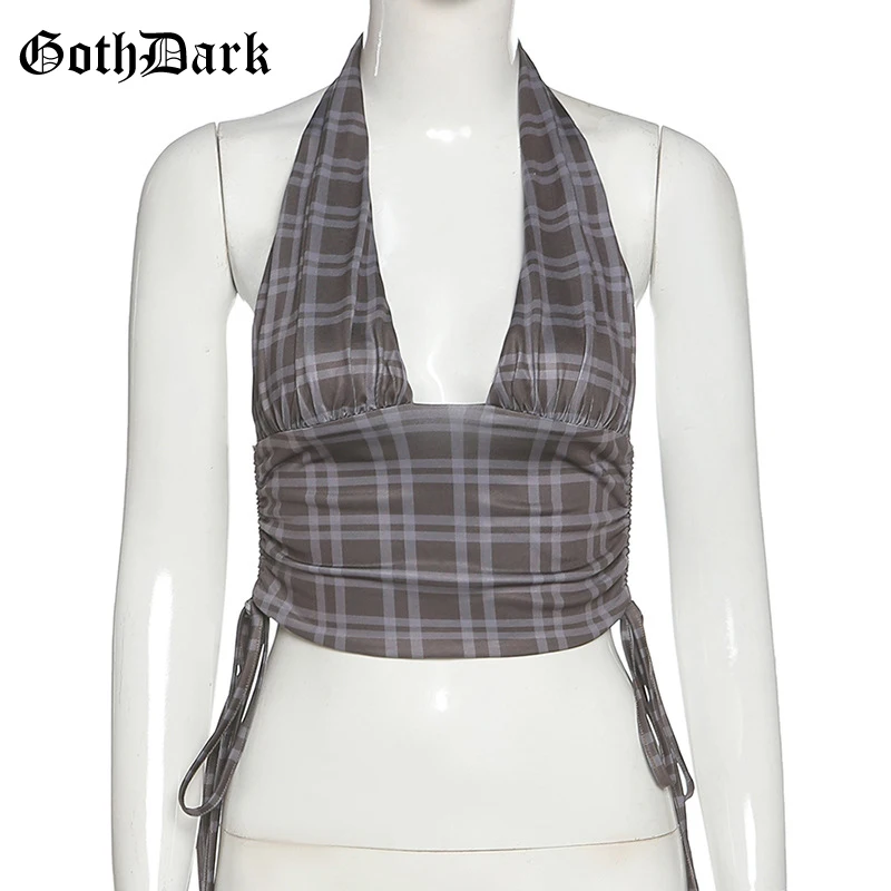 Goth Dark Plaid Print Gothic Halter Camis E-Girl Sexy Backless Drawstring Lace Up Women Crop Tops Grey Streetwear Sleeveless Top
Goth Dark Plaid Print Gothic Halter Camis E-Girl Sexy Backless Drawstring Lace Up Women Crop Tops Grey Streetwear Sleeveless Top