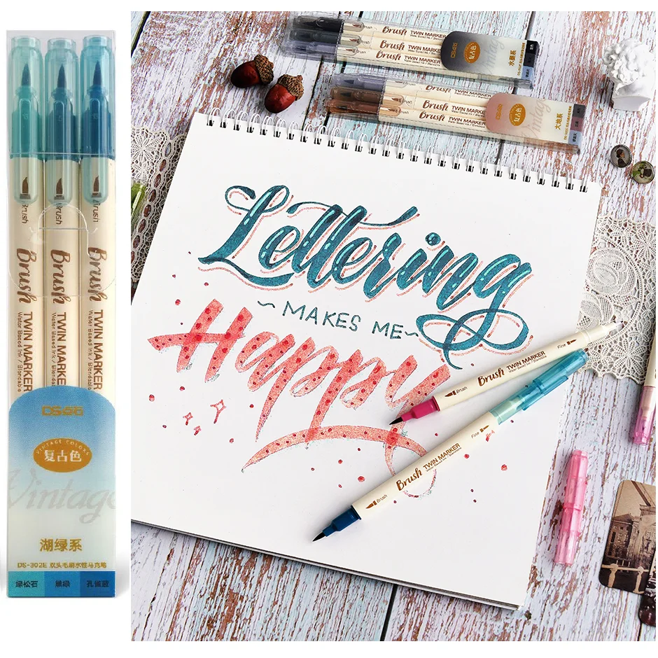 

3pcs Retro color Twin Marker Pens Set Brush Drawing Fine Liner Water Based Ink Blendable Watercolor Art Painting School A6133
