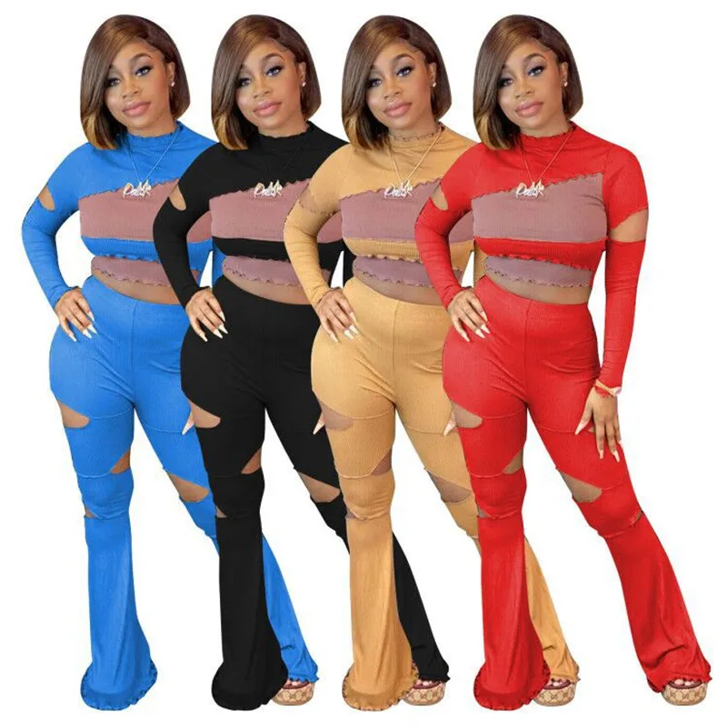 

Adogirl Color Patchwork Knitted Ribbed Tracksuit Woman Long Sleeve Mock Neck Crop Top And Hole Flare Pants 2 Piece Set Outfits