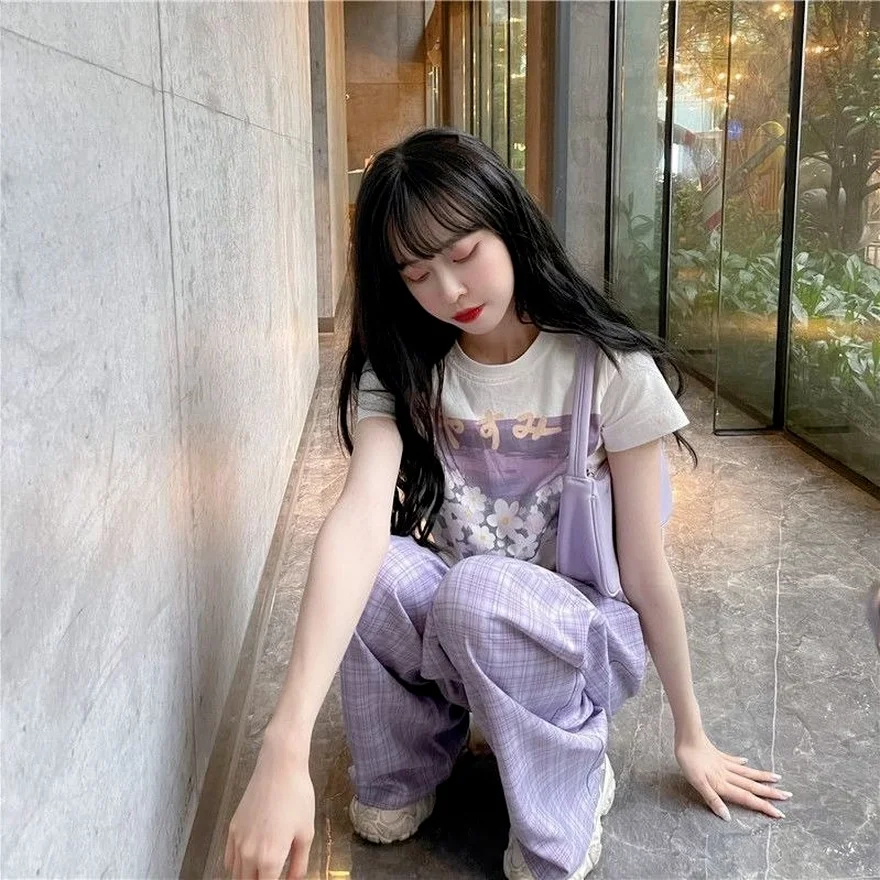 Korean Fashion Kawaii Summer Suit Harajuku Sweet Girl Plaid Wide-leg Pants + T-shirt Two-piece Print Plaid Pants Streetwear 2021
Korean Fashion Kawaii Summer Suit Harajuku Sweet Girl Plaid Wide-leg Pants + T-shirt Two-piece Print Plaid Pants Streetwear 2021