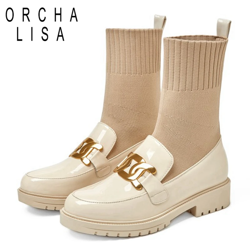 

ORCHALISA Winter Autumn 2021 Square Toe Boots PU Leather Metal Chain Knitting Woolen Tube Sock Boot Women Fashion Stretchy S227