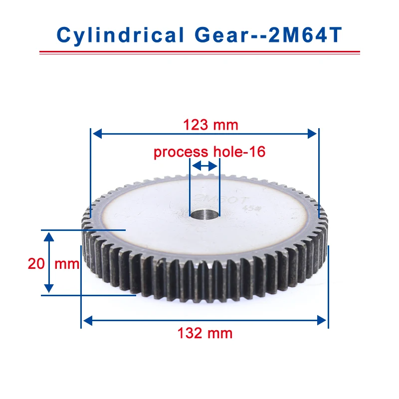 1piece 2M64T spur gear teeth outer diameter 132mm cylindrical gear process hole 16mm flat gear 45#carbon steel total height 20mm
1piece 2M64T spur gear teeth outer diameter 132mm cylindrical gear process hole 16mm flat gear 45#carbon steel total height 20mm