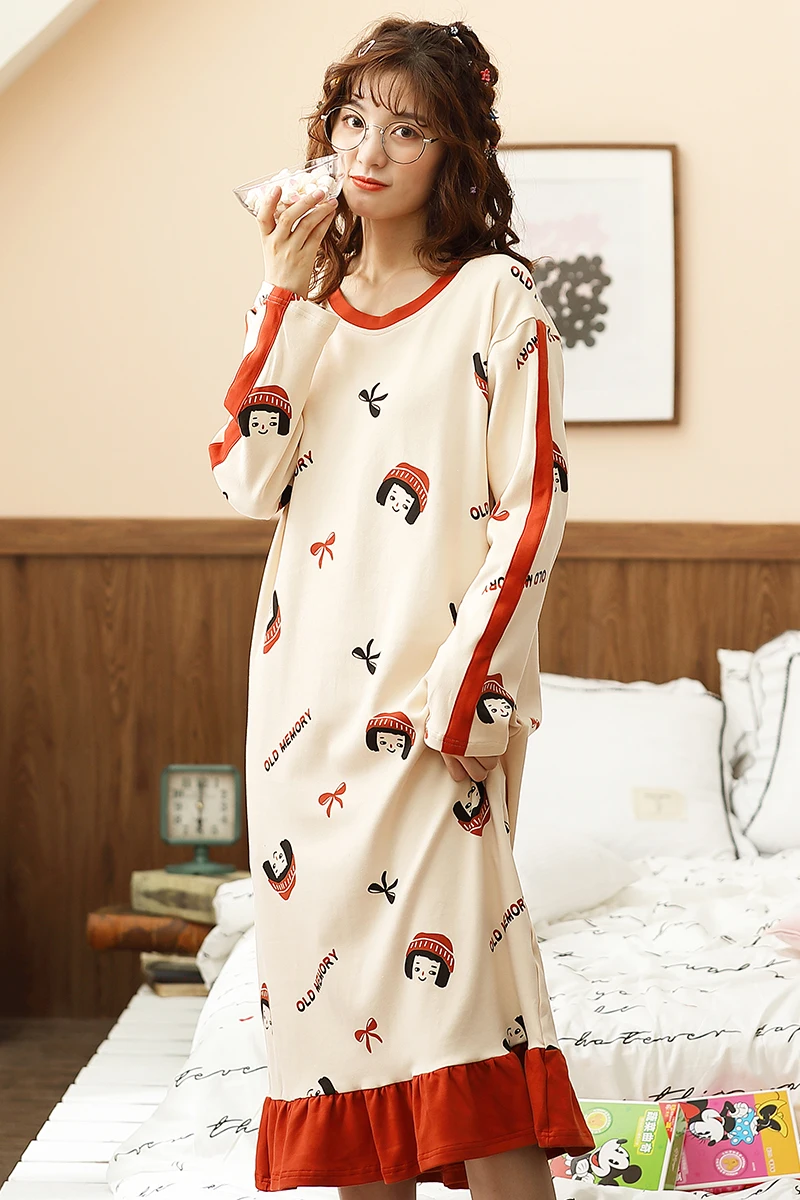 Autumn Women Sleepshirt Long Sleeve Round Neck Nightgown Cartoon Printing Pocket Winter Nightdress Female Loose Cotton Sleepwear
Autumn Women Sleepshirt Long Sleeve Round Neck Nightgown Cartoon Printing Pocket Winter Nightdress Female Loose Cotton Sleepwear