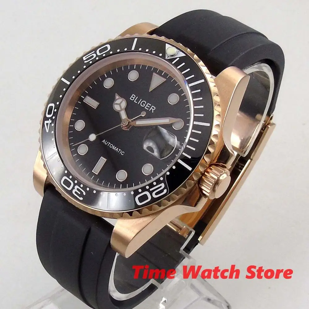 

BLIGER 40mm Miyota 8215 gold Automatic watch men rubber strap deployand clasp sapphire glass waterproof black dial ceramic bezel