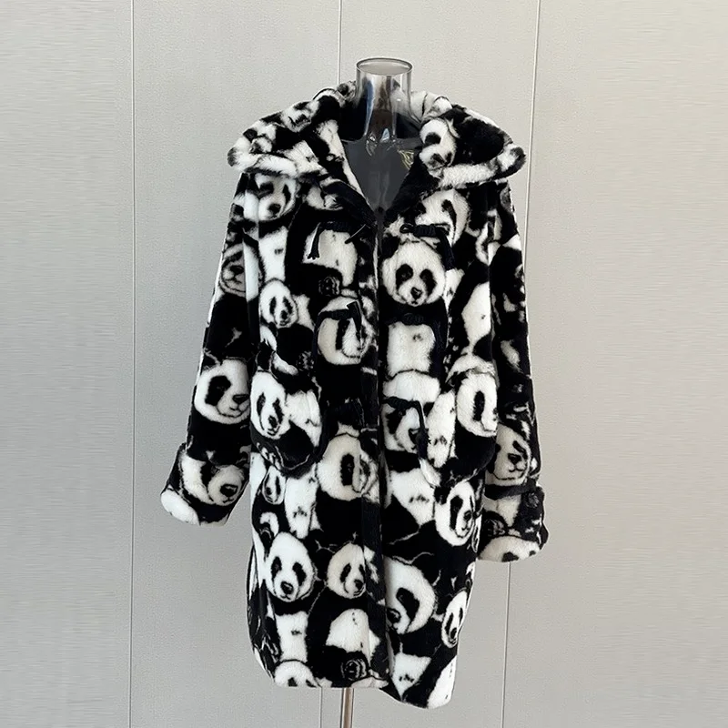 

Женская куртка с капюшоном Lugentolo, Теплая стеганая куртка из искусственного меха кролика с принтом панды и пуговицами из рога, зимние пальто ...