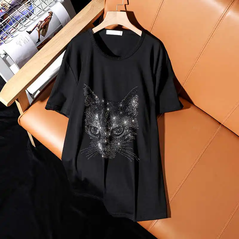 Summer 2021 new fashion loose plus size short-sleeve T-shirt for women casual personality cat pattern hot diamonds female tops
Summer 2021 new fashion loose plus size short-sleeve T-shirt for women casual personality cat pattern hot diamonds female tops