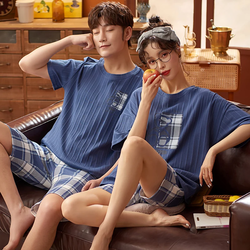 Korean Fashion Blue Plaid Short Sleeve Shorts Couple Pajamas Cool Breathable Plus Size Homewear Suit Women Cotton Cute Nightwear
Korean Fashion Blue Plaid Short Sleeve Shorts Couple Pajamas Cool Breathable Plus Size Homewear Suit Women Cotton Cute Nightwear