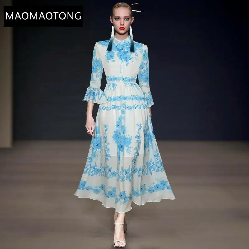 Fashion Runway Autumn Midi Dress Women's Turn-down Collar Blue Floral Print Long Elegant Holiday Party Dress
Fashion Runway Autumn Midi Dress Women's Turn-down Collar Blue Floral Print Long Elegant Holiday Party Dress