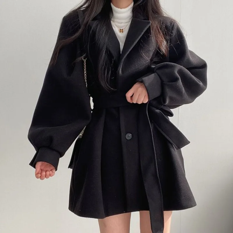 Фото Женское шерстяное пальто с поясом Черное длинное пальто-Тренч на пуговицах