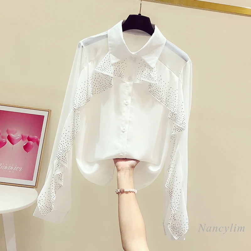 New Rhinestone Ruffled Blouse Women Long Sleeve Chiffon Shirt Casual All-Match Tops Blusas Femme Shite Black
New Rhinestone Ruffled Blouse Women Long Sleeve Chiffon Shirt Casual All-Match Tops Blusas Femme Shite Black