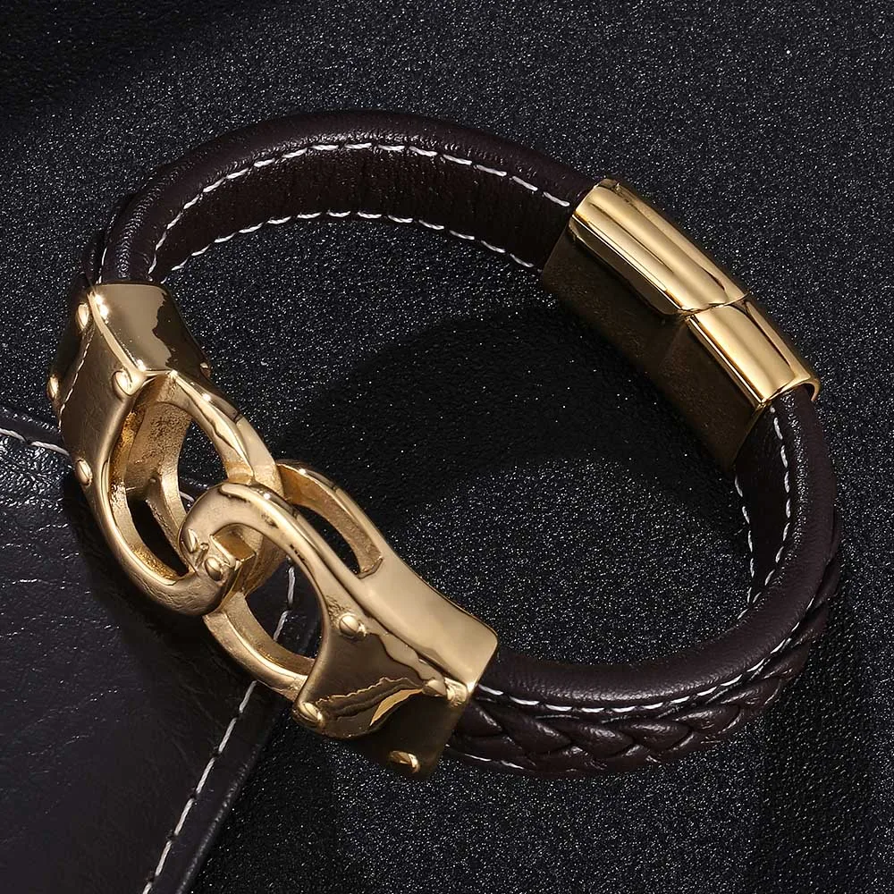 Gold Color Handcuff Brown Leather Bracelets For Men Fashion Stainless Steel Braided Leather Bracelets Punk Jewelry BB0748
Gold Color Handcuff Brown Leather Bracelets For Men Fashion Stainless Steel Braided Leather Bracelets Punk Jewelry BB0748