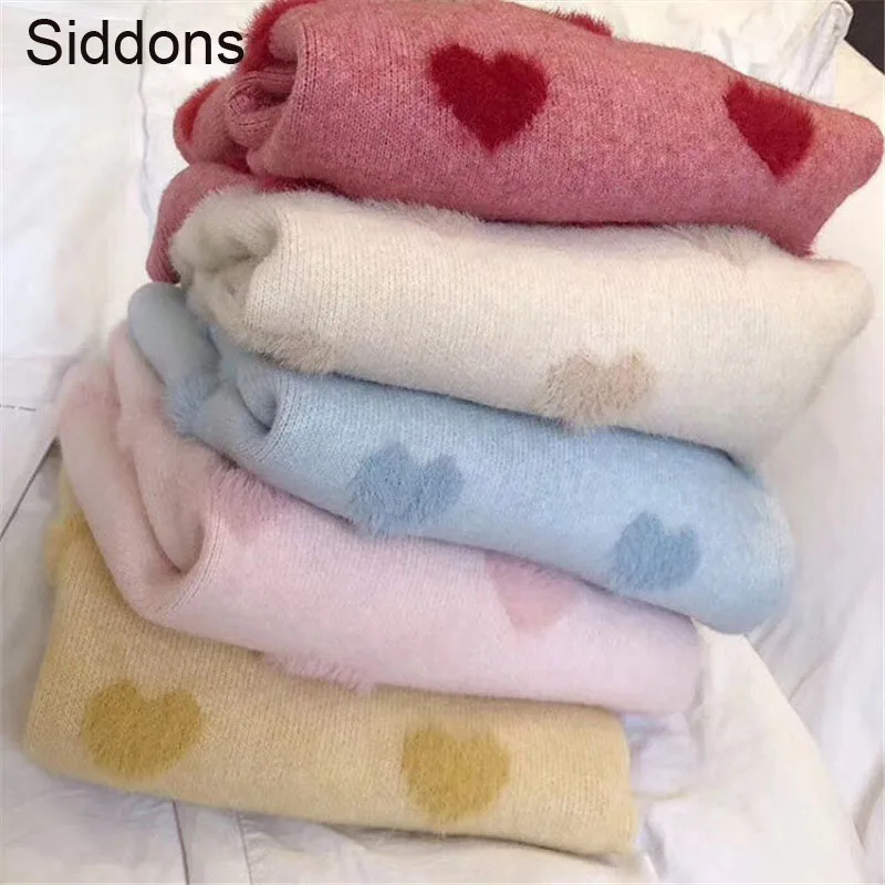 Siddons Faux Mink Cashmere Pullover Sweater Women Long Sleeve O-neck Causal Knitted Tops 2020 Korean Love Heart Pull Femme 
Siddons Faux Mink Cashmere Pullover Sweater Women Long Sleeve O-neck Causal Knitted Tops 2020 Korean Love Heart Pull Femme