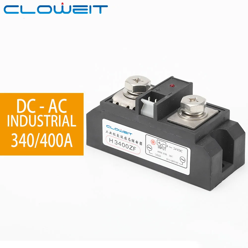 Cloweit DC to AC Industrial SSR Solid State Relay 340A 400A 32VDC Input Control 24-480VAC Output Relays 93Lx38Wx45H
Cloweit DC to AC Industrial SSR Solid State Relay 340A 400A 32VDC Input Control 24-480VAC Output Relays 93Lx38Wx45H