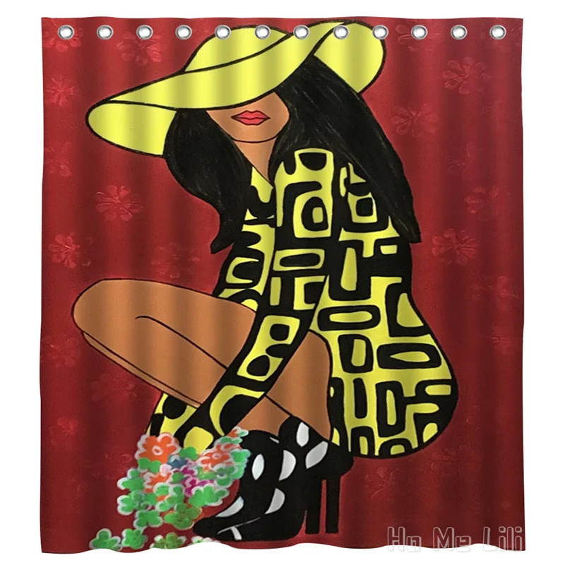 Yellow High Heeled Girl Holding Flowers In Red Print With Big Brims By Ho Me Lili Shower Curtain With Hooks
Yellow High Heeled Girl Holding Flowers In Red Print With Big Brims By Ho Me Lili Shower Curtain With Hooks