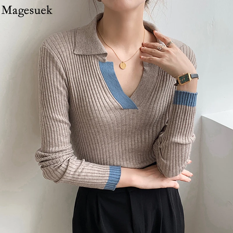 Autumn Chic Patchwork Fashion Sweater Knitted Pullover Women V Neck Elegant Polo Collar Sweaters Slim Soft Women Tops Pull 17766
Autumn Chic Patchwork Fashion Sweater Knitted Pullover Women V Neck Elegant Polo Collar Sweaters Slim Soft Women Tops Pull 17766