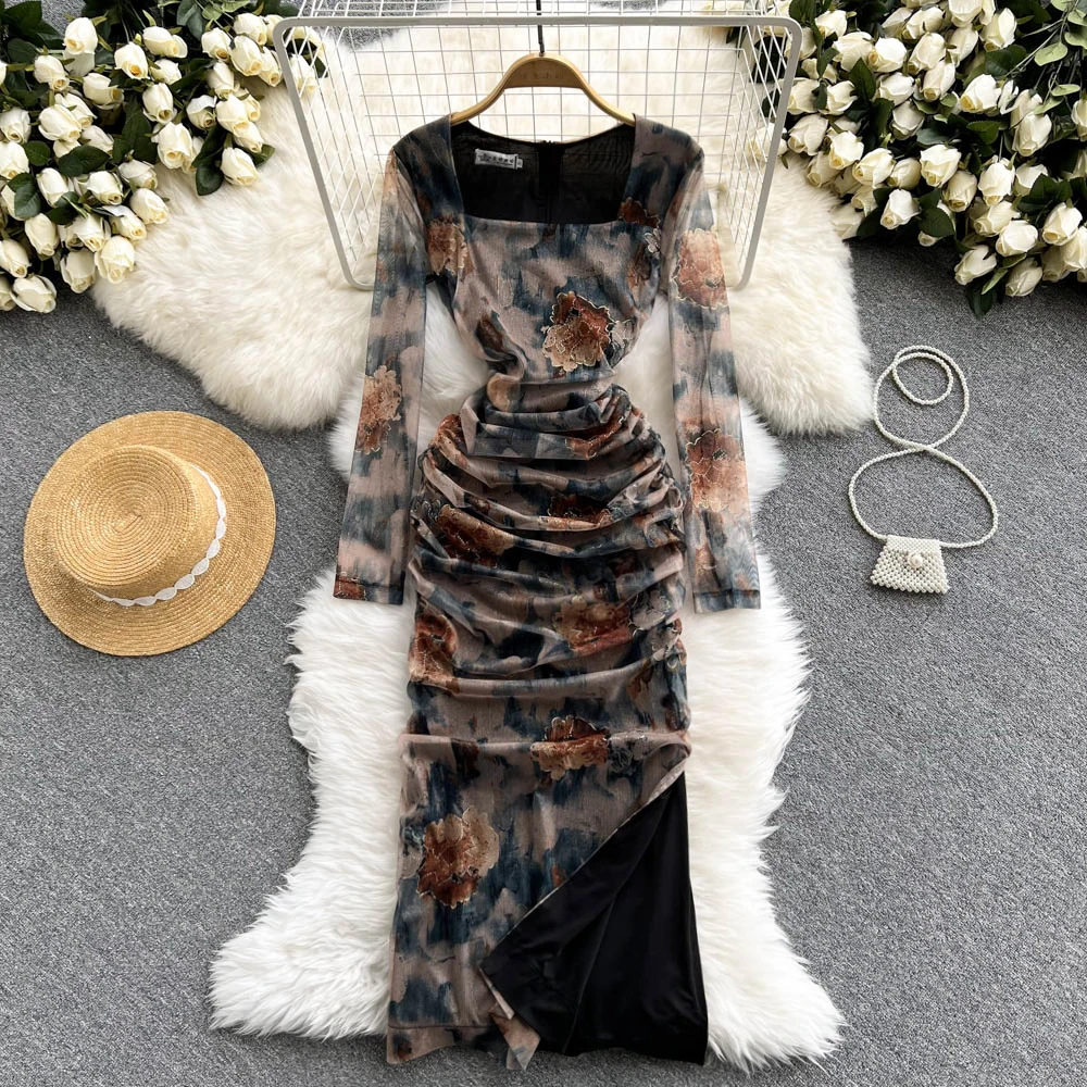 2022 French Print Women's Dress Square Collar Fashion Long Sleeve Slim Dresses Harajuku Autumn Sexy Split Streetwear Long Dress
2022 French Print Women's Dress Square Collar Fashion Long Sleeve Slim Dresses Harajuku Autumn Sexy Split Streetwear Long Dress