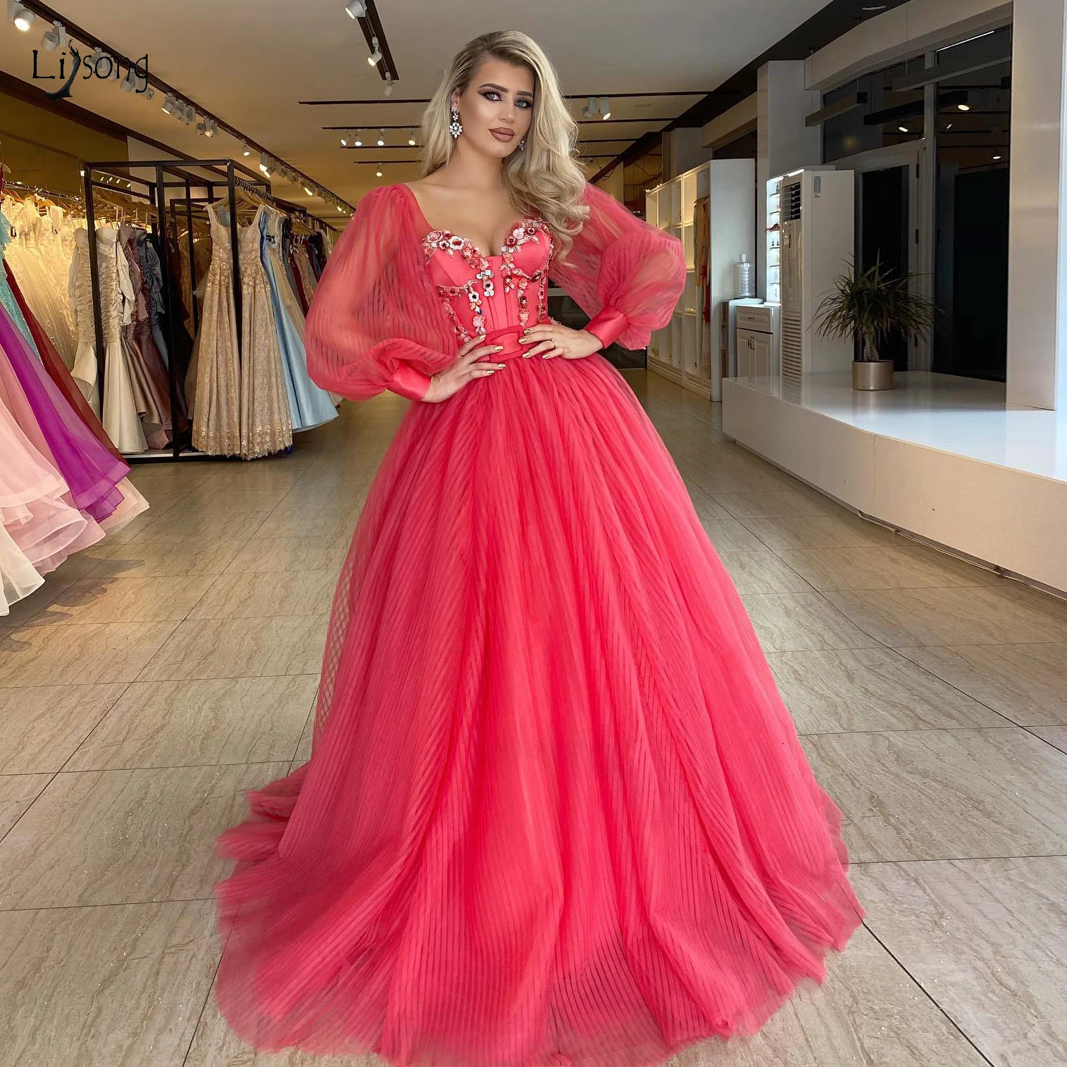 Pretty Red Tulle Long Evening Dresses See Thru Full Sleeves Prom Gowns 3D Flower Beaded Formal Gowns Wedding Party Dress
Pretty Red Tulle Long Evening Dresses See Thru Full Sleeves Prom Gowns 3D Flower Beaded Formal Gowns Wedding Party Dress