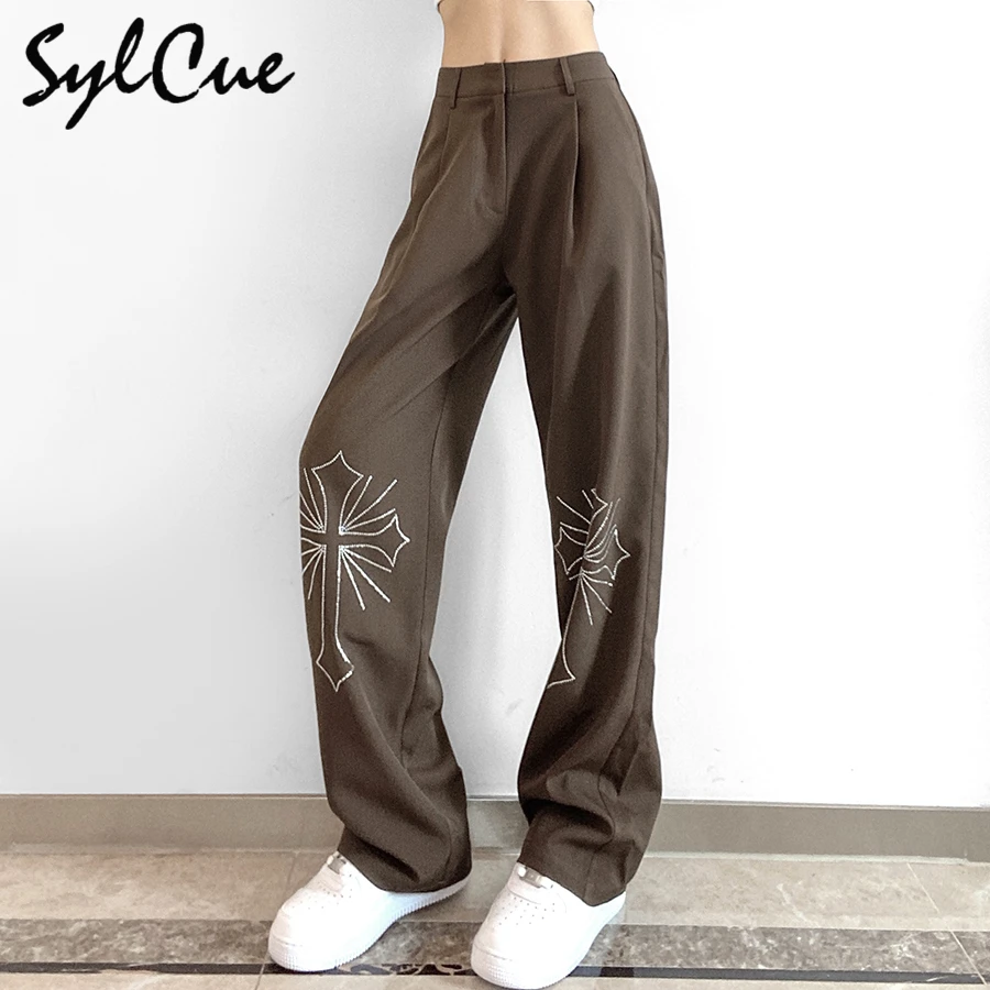Sylcue Simple And Versatile Commuter High Waist Loose Fashion Letters Hot Drilling Casual Wide-Leg Straight Pants Overalls 
Sylcue Simple And Versatile Commuter High Waist Loose Fashion Letters Hot Drilling Casual Wide-Leg Straight Pants Overalls