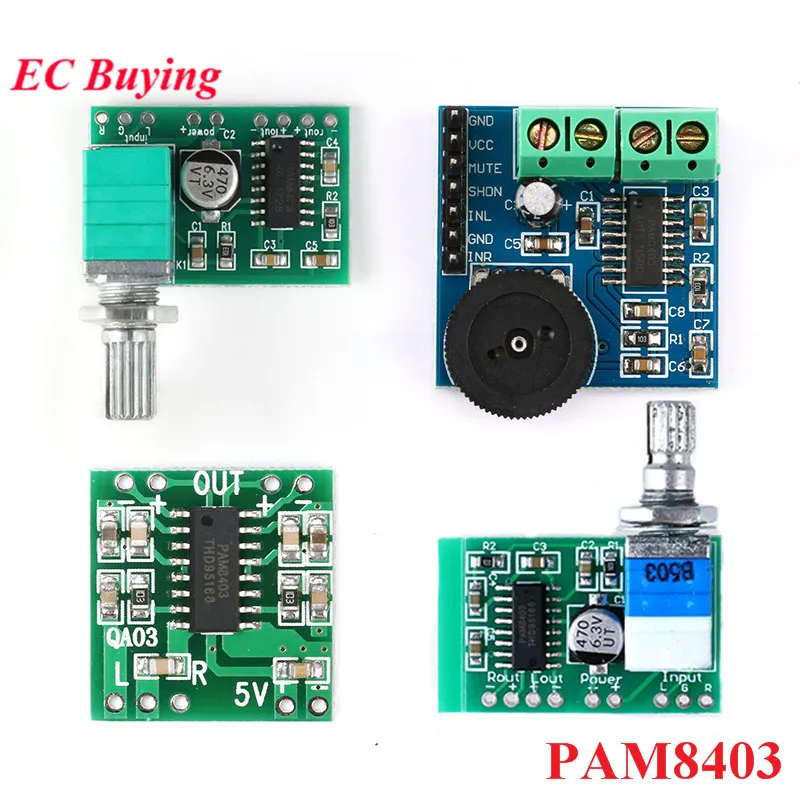 PAM8403 Amplifier Board Module Mini 2.5V to 5V 2x3W Digital Power Audio 2 Channel 3W Volume Control USB Power Supply For Arduino 
PAM8403 Amplifier Board Module Mini 2.5V to 5V 2x3W Digital Power Audio 2 Channel 3W Volume Control USB Power Supply For Arduino