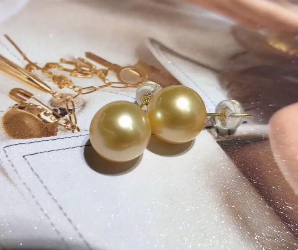 D114 Fine Jewelry Pure 18 K Gold Natural Fresh Water Golden Pearl 9-10mm Stud Earrings for Women Fine Pearl Earrings