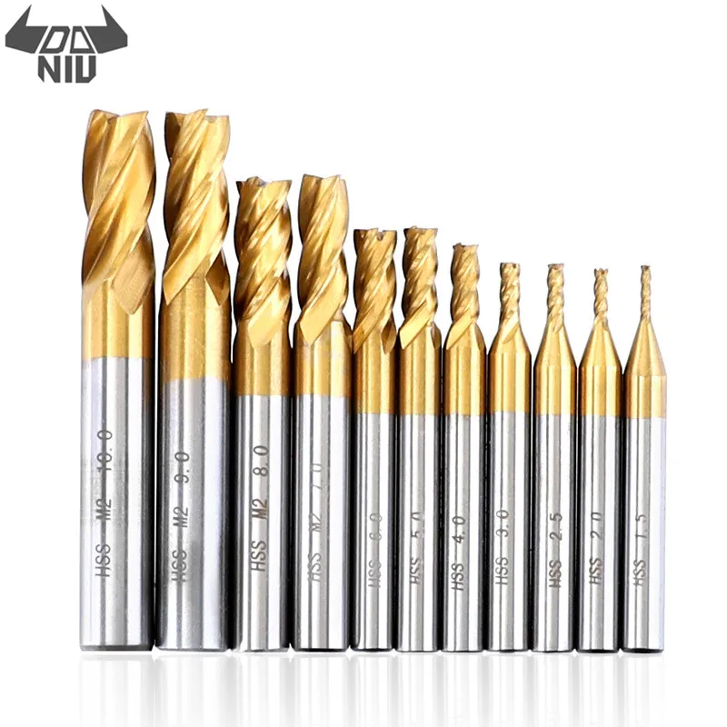 DANIU 10PCS 2-10mm Titanium Coated HSS 4 Flute End Mill Router Bits CNC Drill Bit Wood Metal Milling Cutter Woodworking Tool Set 
DANIU 10PCS 2-10mm Titanium Coated HSS 4 Flute End Mill Router Bits CNC Drill Bit Wood Metal Milling Cutter Woodworking Tool Set