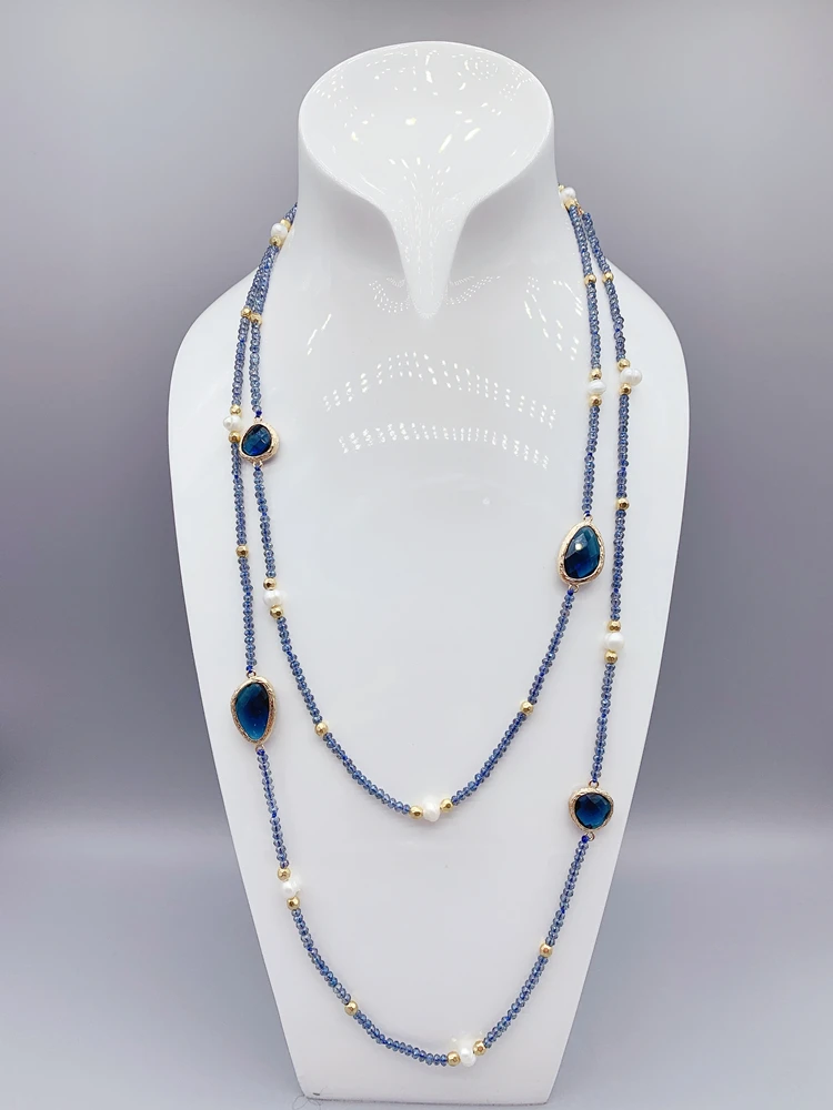 Irregular Blue Quartz Long Necklace With 2mm Crystals 5-6mm White Freshwater Pearls Hammered Gold Beads For Women Girls 50 Inch
Irregular Blue Quartz Long Necklace With 2mm Crystals 5-6mm White Freshwater Pearls Hammered Gold Beads For Women Girls 50 Inch